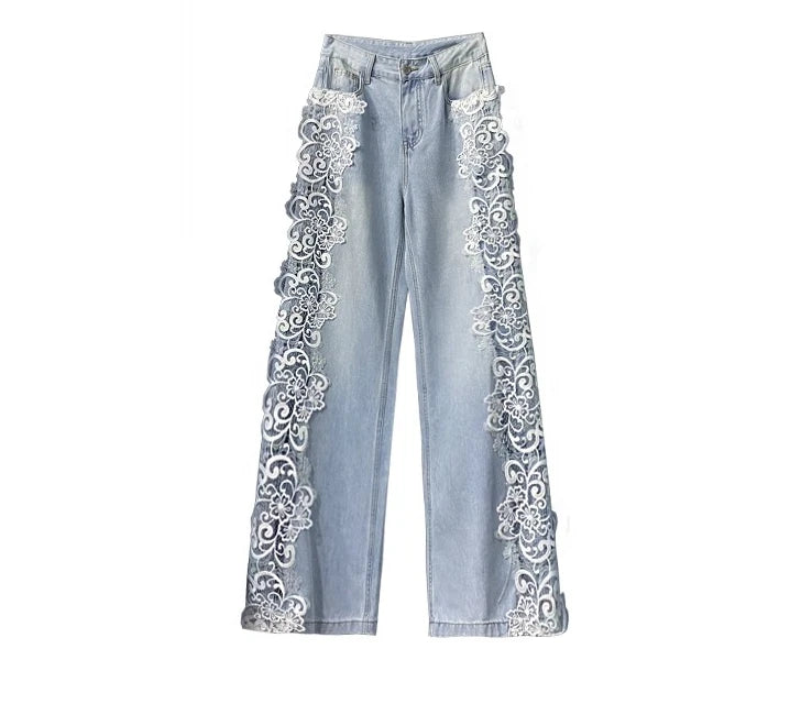 Fashion Light Blue Lace Hollow Splicing Leisure Jeans Women's Summer New High Waist Loose and Versatile Straight Wide-leg Pants