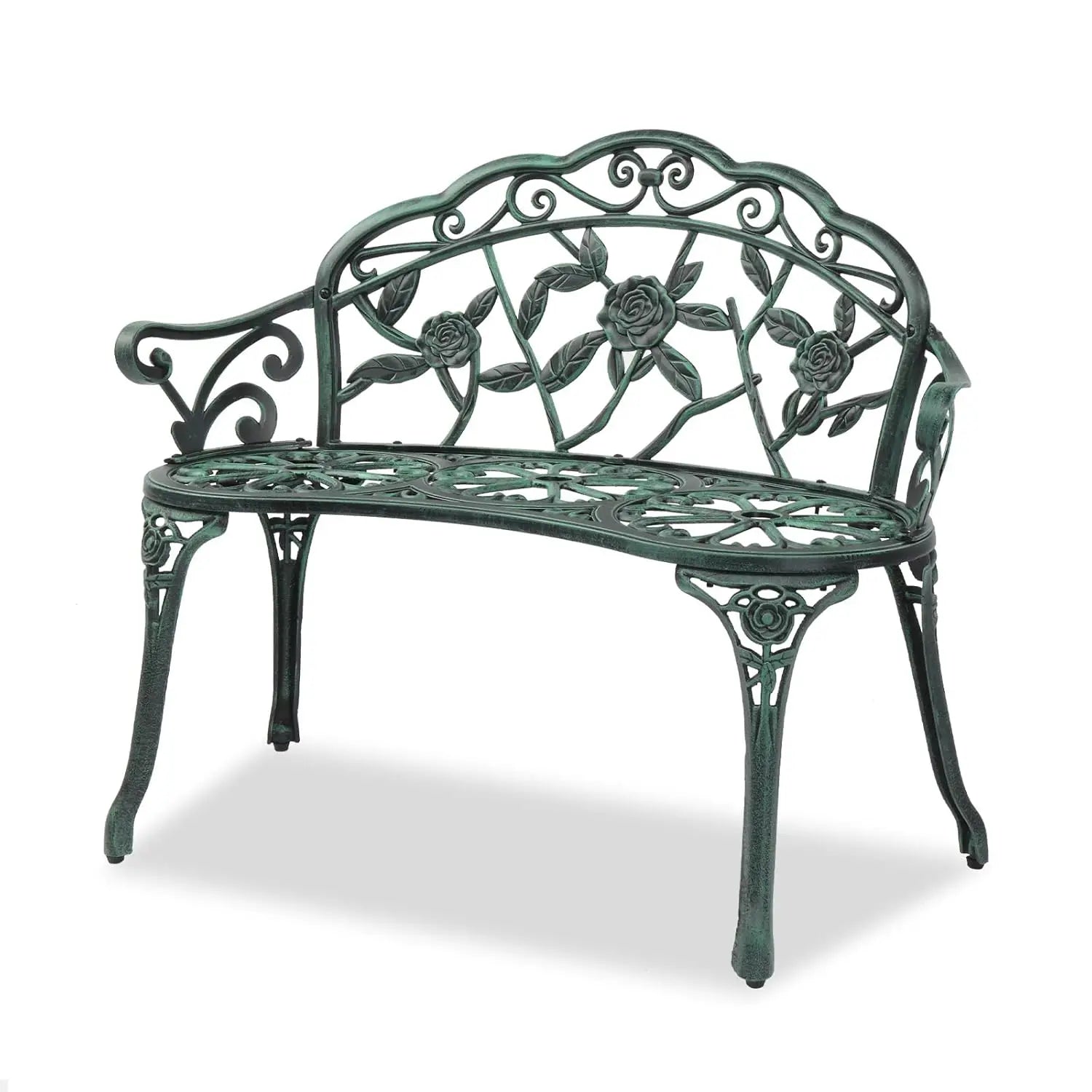 38.5" Patio Park Garden Outdoor Metal Rose Bench, 2-Person Cast Iron Cast Aluminium Frame Antique Finish, Customized