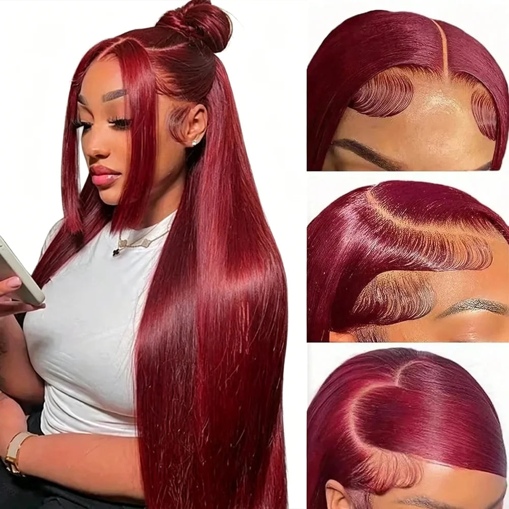 28 Inch 99J Burgundy Bone Straight Human Hair Wigs 13x4 HD Lace Front Pre Plucked with Baby Hair Body Wave Deep Curly Human Hair Wigs