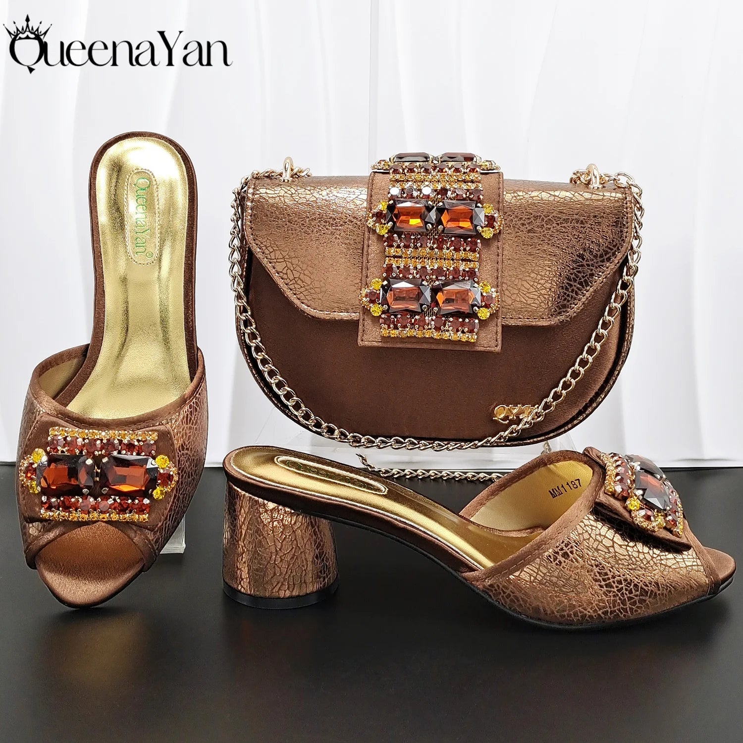 QueenaYan Italian Design Fashion Mature Style Rhinestone Peep Toe Party Women's High Heels with Diamond Oval Bag for Sky Blue
