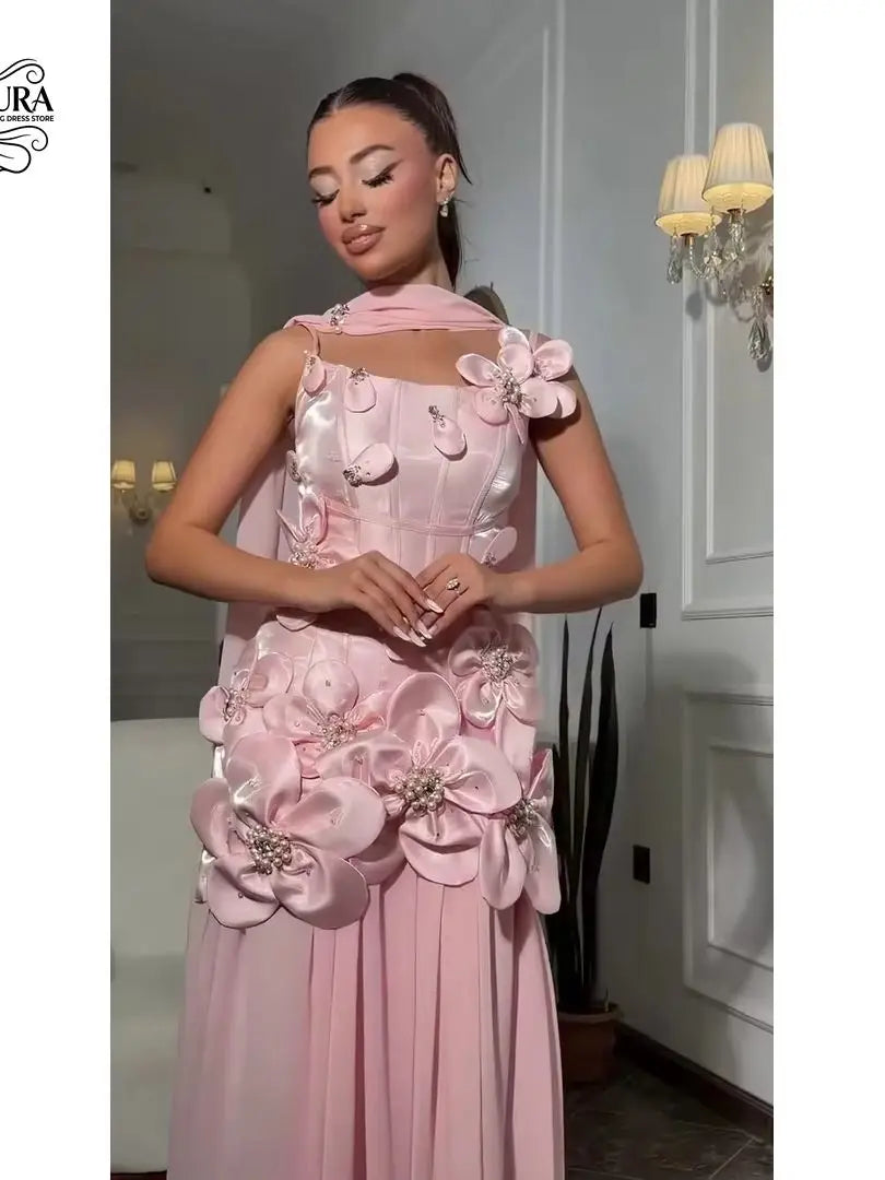 Aura Pink 3D Flowers Prom Dresses 2026 Luxury Prom Custom Made Party Dress Woman Women's Evening Dresses for Events A Word