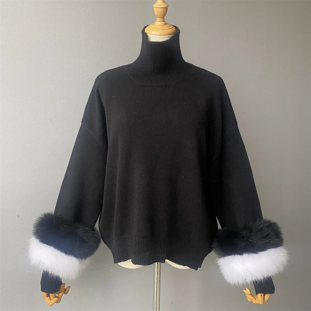 Jxwatcher Fashion Women Sweaters 2023 New Style Wool Knitted Pullover Real Fox Fur Cuffs Ladies Autumn Winter Warm Blouse Female