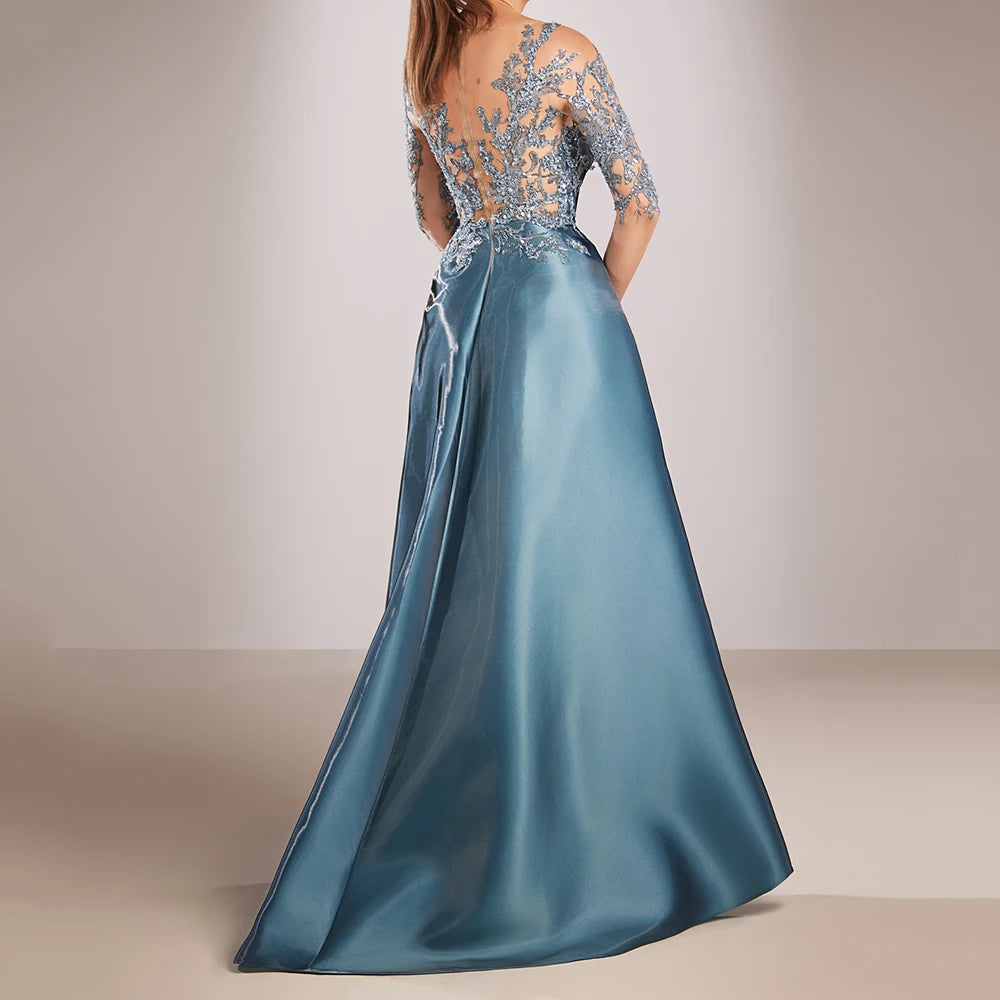 Customized Mermaid Evening Dresses Floor-length Scoop-neck Full Sleeve Prom Gown Fashion Flowers Pleat Simple Draped Party Gown