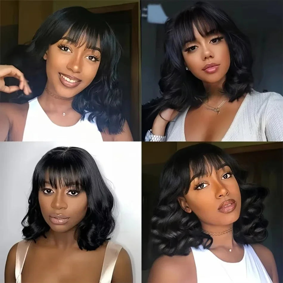 Indian Human Hair Body Wave Bob Virgin Hair Wig With Bang Short Short Natual Black Machine Made None Lace Hair Wig For Women