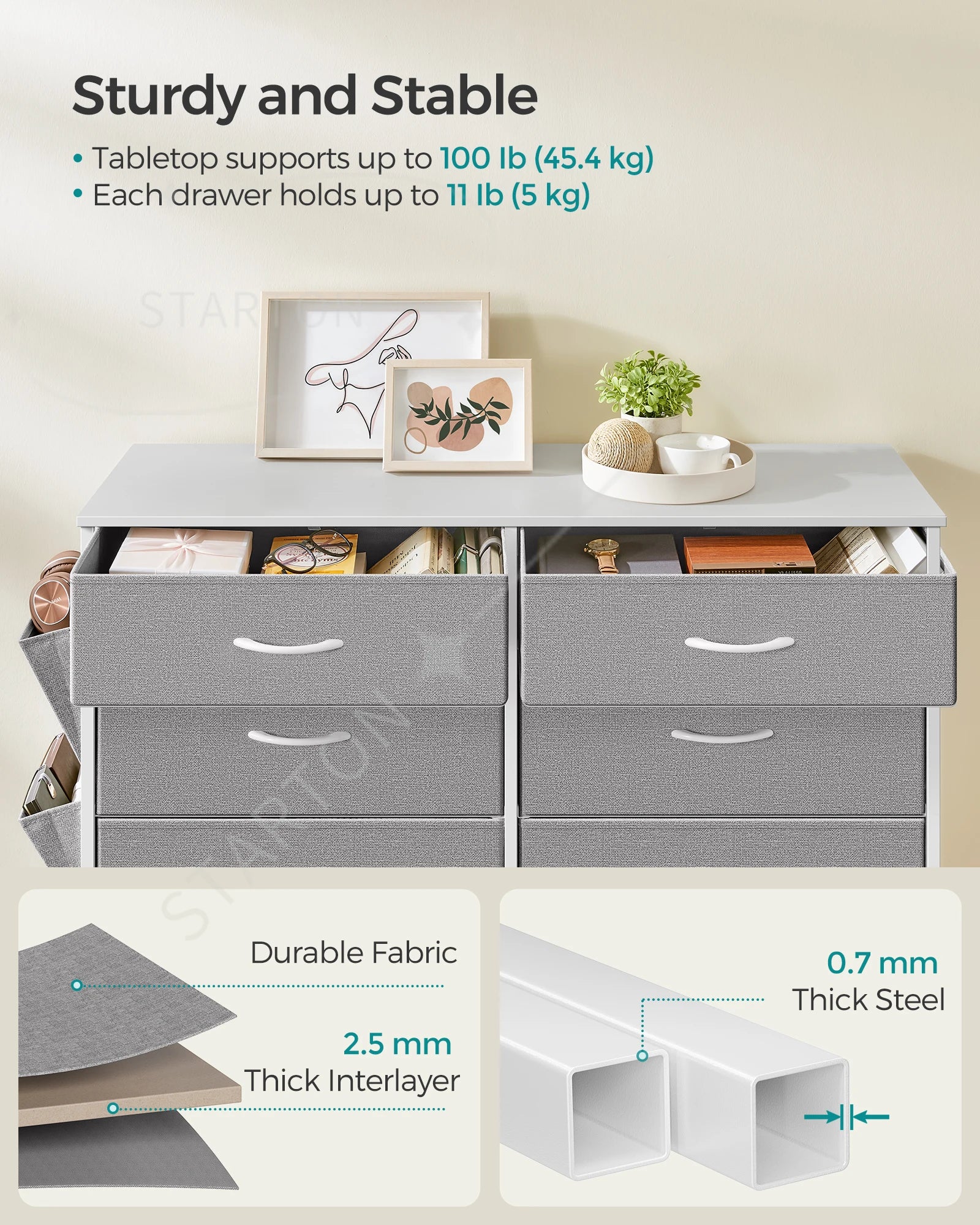 Storage Organiser Unit for Living Room Hallway 8 Fabric Drawers with Side Pockets Chest of Drawers for Bedroom
