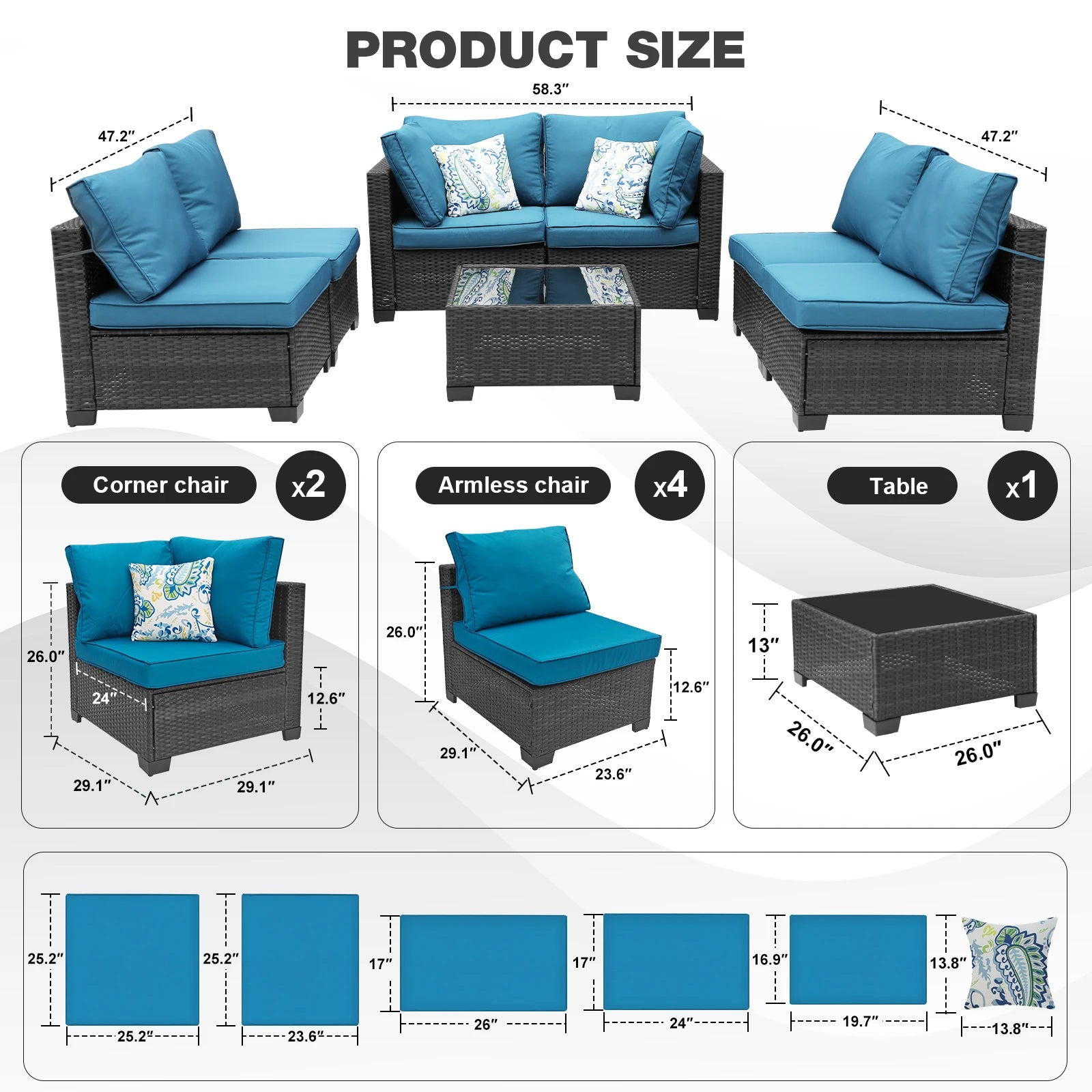 Patio Furniture Set 7 Piece - All-Weather Wicker Rattan Outdoor Conversation Set in Black/Peacock Blue for Backyard Garden Pool