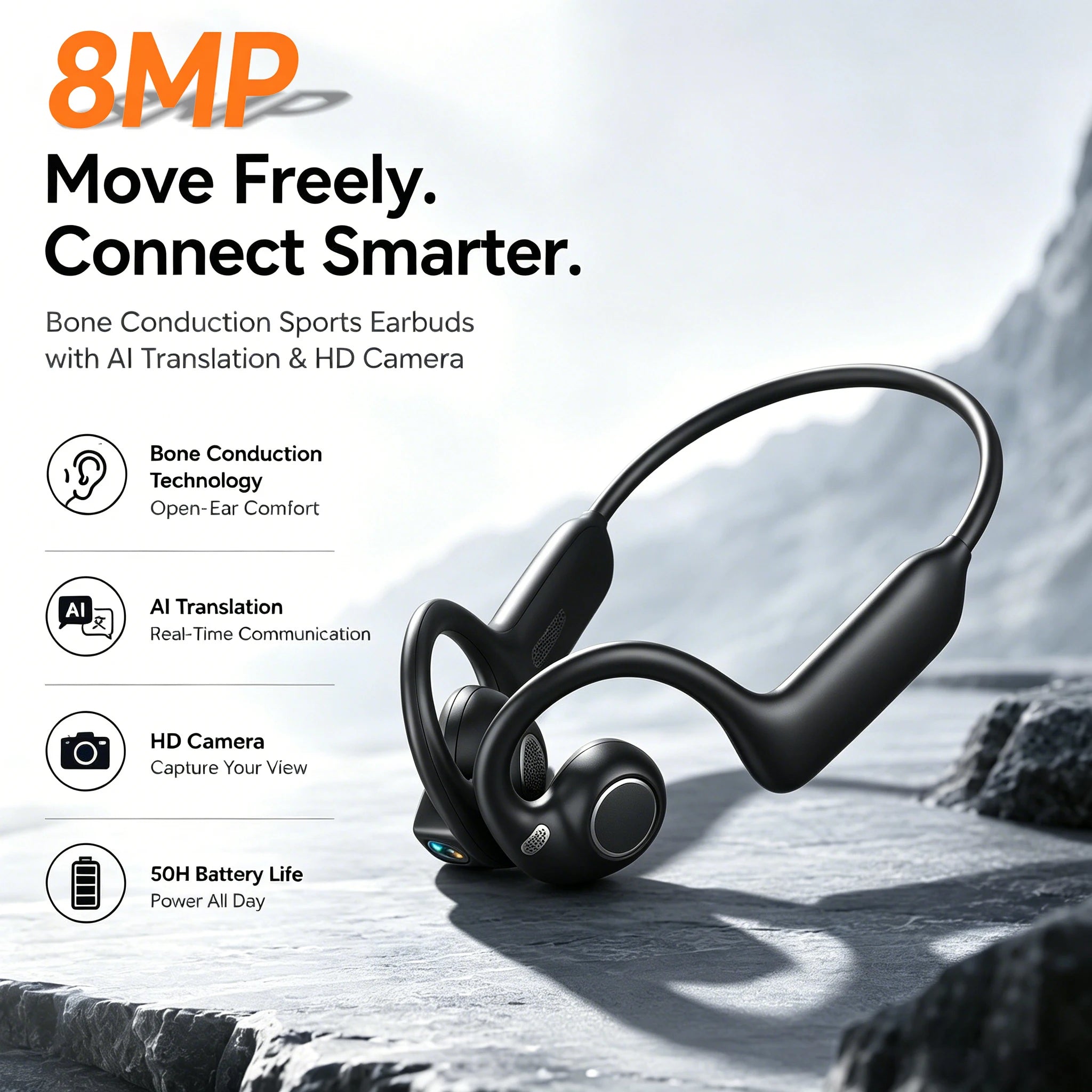 Bone Conduction Bluetooth Earphones 8MP HD Camera  Wireless Earbuds AI Assistant Translation Object Recognition Headphones E12