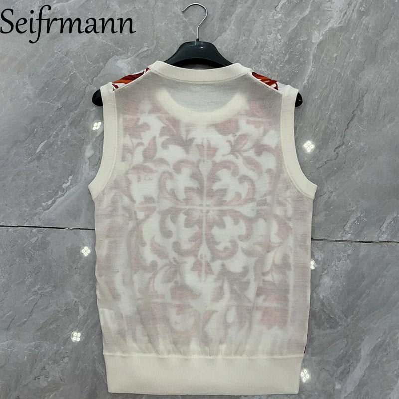 Seifrmann 2026 Summer Women's New Fashion Round Neck Long Sleeve Silk Splicing Wool Printed Cardigan+Tank Top Two Piece Set