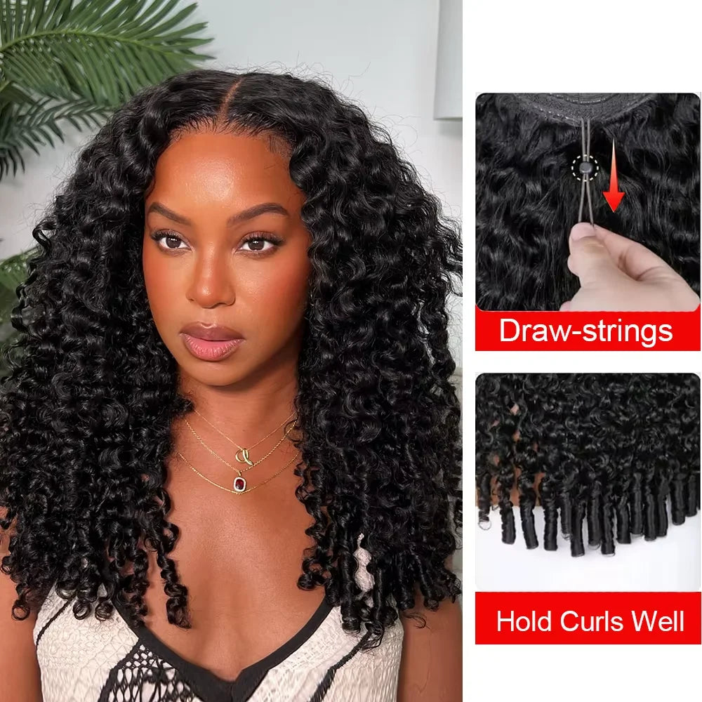 Burmese Curly Half Wig Human Hair Glueless Wig Human Hair Ready to Wear 3 IN 1 Half Wig Burmese Curly Flip Over Wig With Drawstring Seamless Clip Ins
