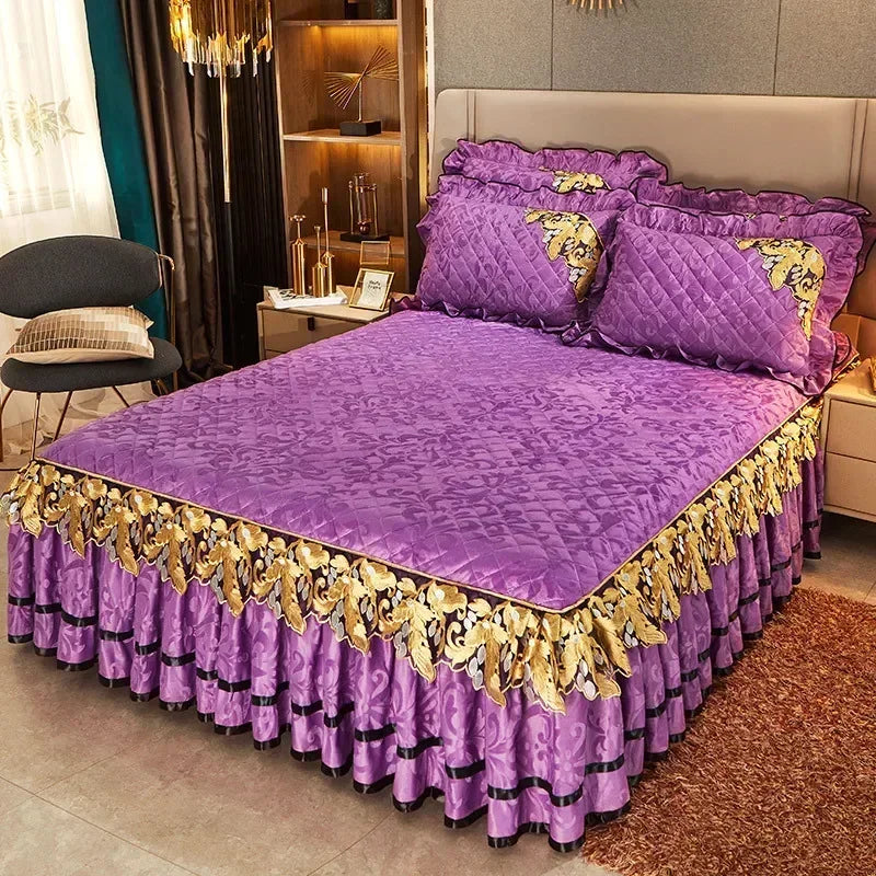 Plush Winter Warm Bedspread on The Bed Thickened Bed Skirt-style Embroidery Cotton Quilt Bedding Cover Pillowcases