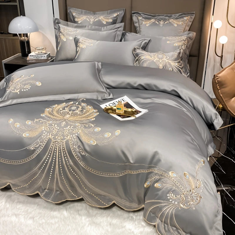 European Style Egyptian 100% Cotton Bedding Set Golden Embroidery Home Textiles Duvet Sheet Pillowcases Set Full King Queen Size