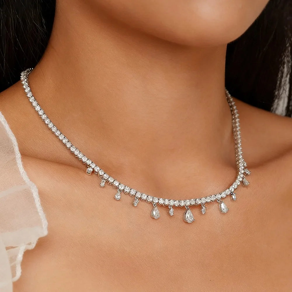 Full 3MM Moissanite Tennis Necklace with Pear Pendant 925 Sterling Silver Tassel Lab Diamond NeckChain for Women Wedding Jewelry