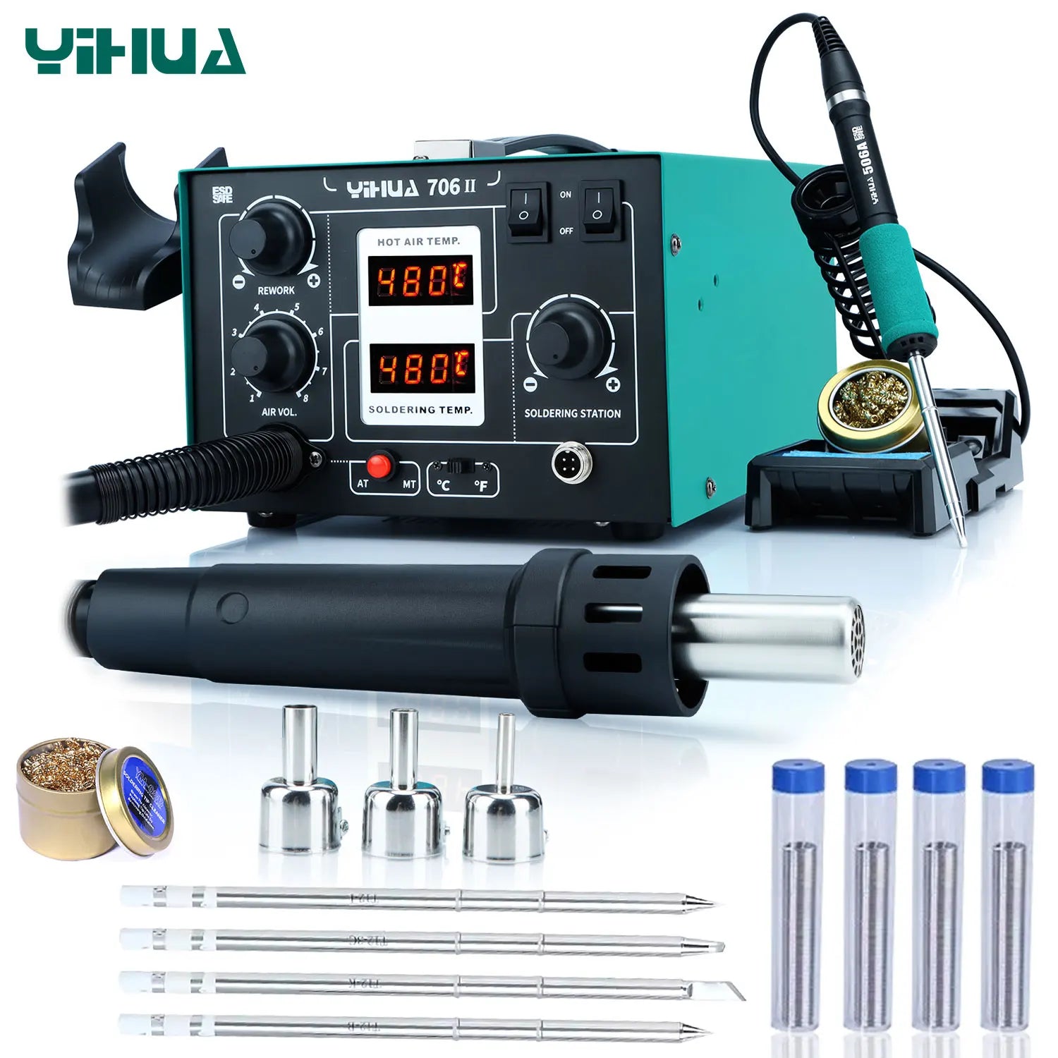 YIHUA T12 Soldering Station With Air Pump Hot Air Gun LCD Rapid Heating Temp Adjust AUTO Sleep Welding Repair Tools For SMD PCB