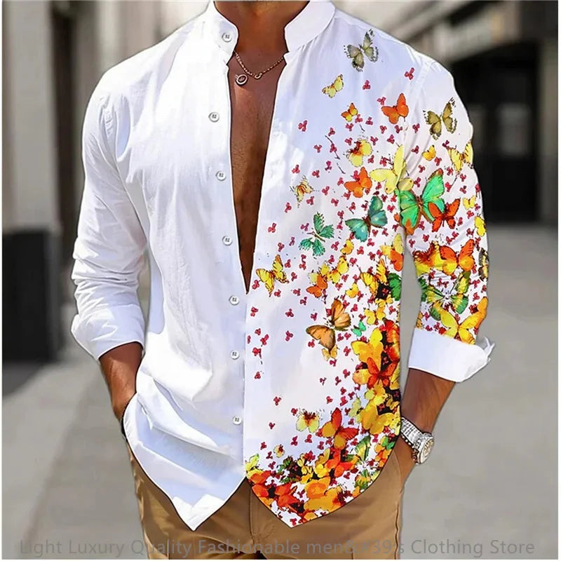 New men's shirt long-sleeved shirt 3D printing flower pattern long-sleeved standing clothing fashion casual XS-6XL soft fabric