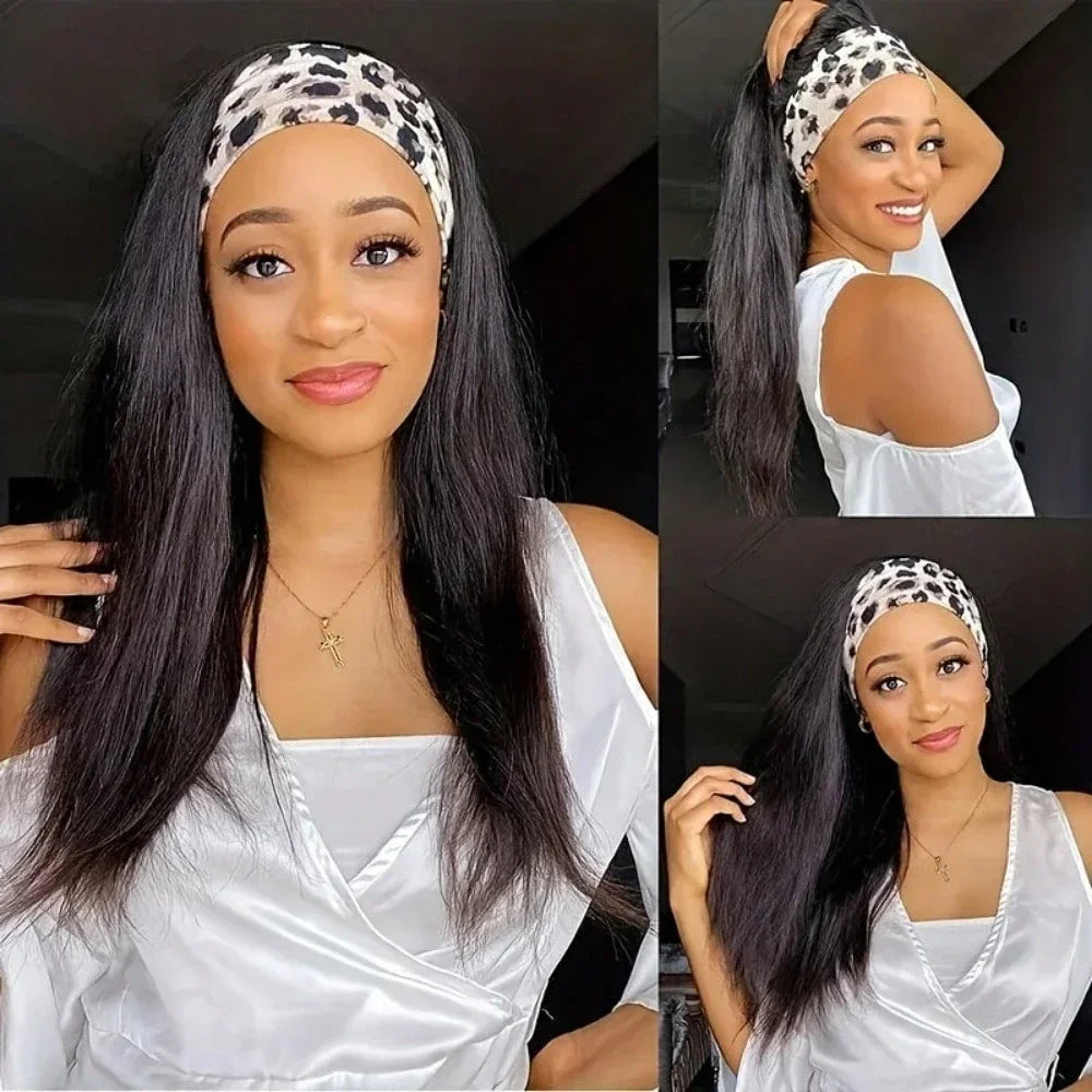 16 18 20Inch Headband Wig Human Hair Straight Headband Wigs for Black Women Glueless None Lace Front Human Hair Headband Wig Brazilian Virgin Hair Machine Made Wigs Natural Black 180% Density