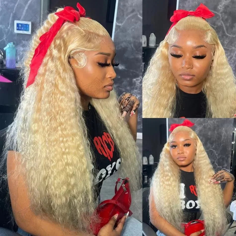 200% 250% Density 613 Blonde Lace Front Wigs Deep Wave Human Hair 13x4 Hd Lace Frontal Wig Pre Plucked Brazilian Ponytail Human Hair Lace Frontal Wig For Women Ready to Wear On Clearance Sale Pre Plucked Wig Party Work