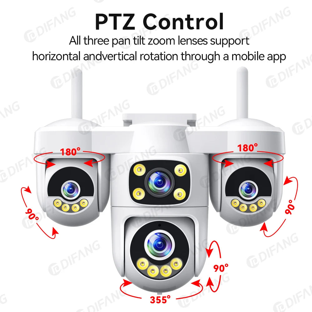 New 20MP WiFi Security Camera 4 Lens 4 Screen 6 Motors 3 PTZ 5X Digital Zoom 360° Auto Tracking IP66 Waterproof Outdoor CCTV 10K