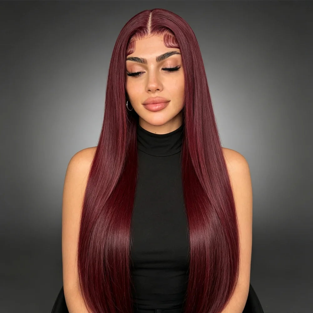 28 Inch 99J Burgundy Bone Straight Human Hair Wigs 13x4 HD Lace Front Pre Plucked with Baby Hair Body Wave Deep Curly Human Hair Wigs
