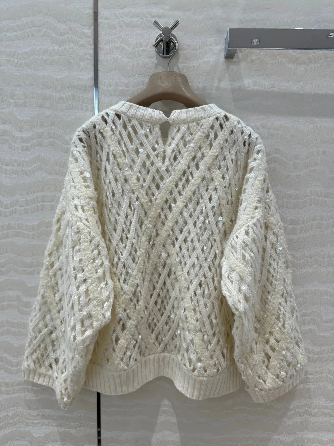Naizaiga 100 Cashmere O-Neck Hollow out Sequins Reglan Sleeve White Brown Women Sweaters Pullovers NHPL2
