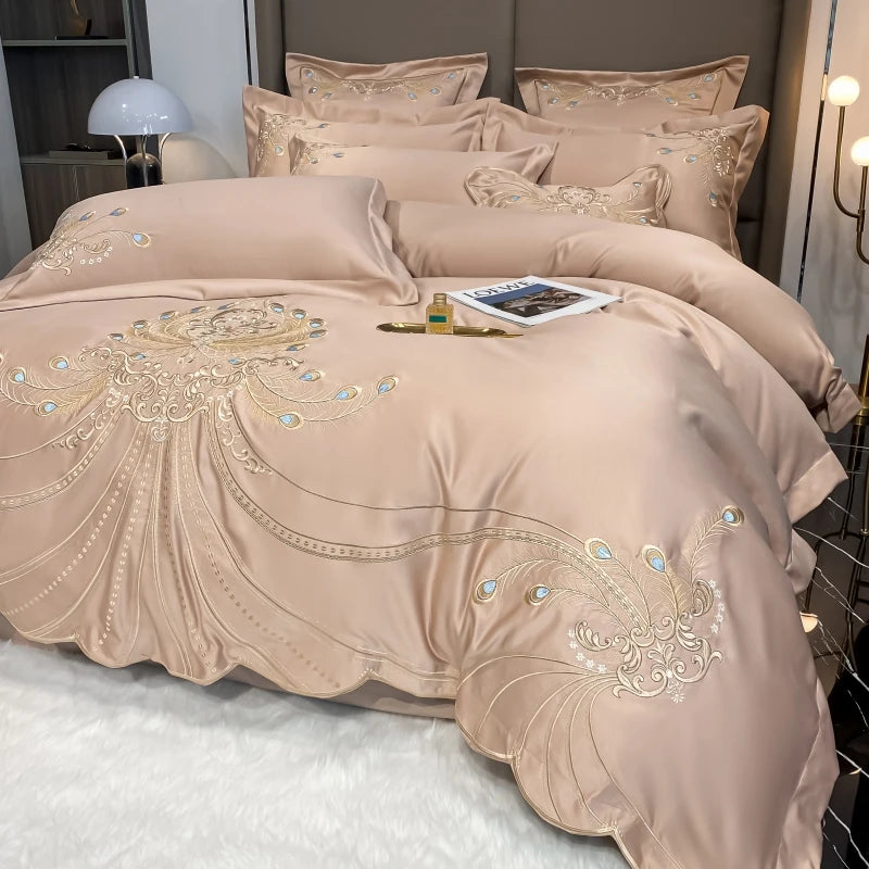 European Style Egyptian 100% Cotton Bedding Set Golden Embroidery Home Textiles Duvet Sheet Pillowcases Set Full King Queen Size