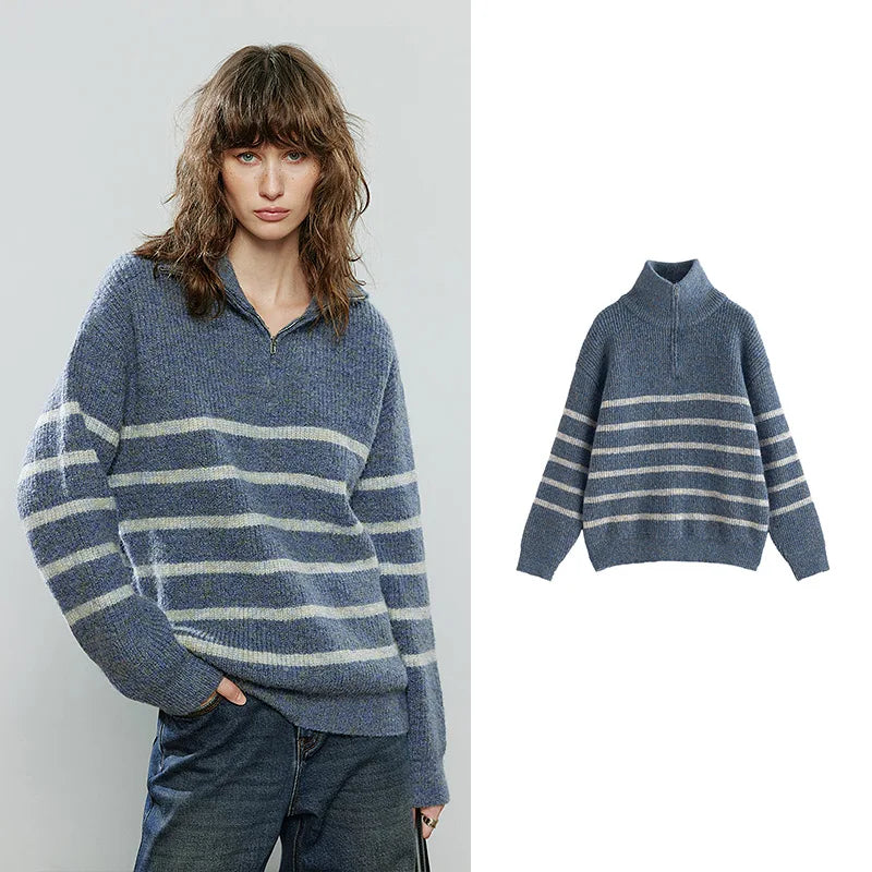 TOYOUTH Women Sweaters 2025 Winter NewAsymmetric Zipper Lapel Iridescent Faux Mohair Light Sports Top