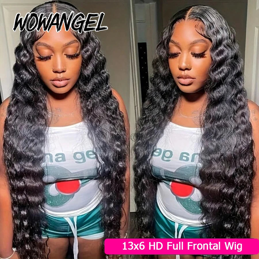 WOWANGEL Deep Wave Human Hair Wigs Pre Plucked 13x6 HD Lace Full Frontal Wigs Pre Bleached For Women 100% Human Hair Curly Wigs