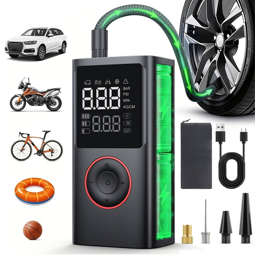 Holiday Special! [Cordless Tire Inflator] Portable Tire Inflator - Cordless Air Compressor with Digital Gauge & LED Light, USB Rechargeable, 3X Fast Inflation for SUV, Cars, Bikes, Motorcycles & Sports Equipment And Ball