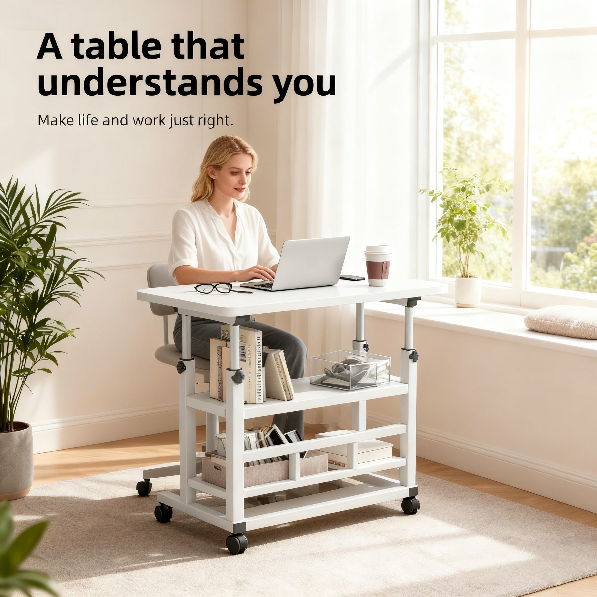 Multifunctional Standing Desk, Height Adjustable 23.62-35.43 Inches, Ergonomic Mobile Computer Desk with Casters, Stable and Comfortable, Sturdy and Durable, Easy to Assemble, Spacious Study Desk Suitable for Home Office and