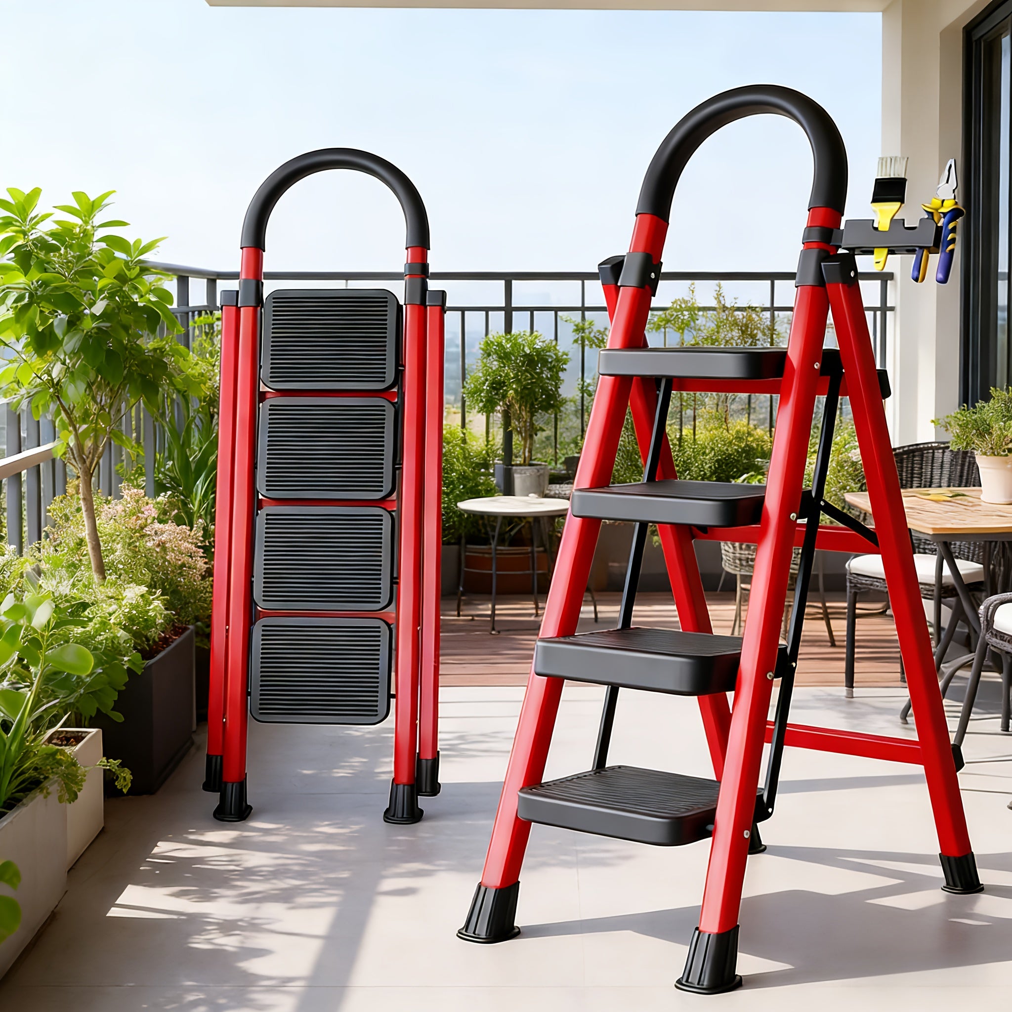 500lbs Load-bearing Folding Ladder | Heavy-duty Steel Step Stool with Anti-slip Wide Treads, Handrails, Safety Lock Design, Black And Red Color Scheme, Portable Multi-functional Ladder for Home And Kitchen Use-XPHYN