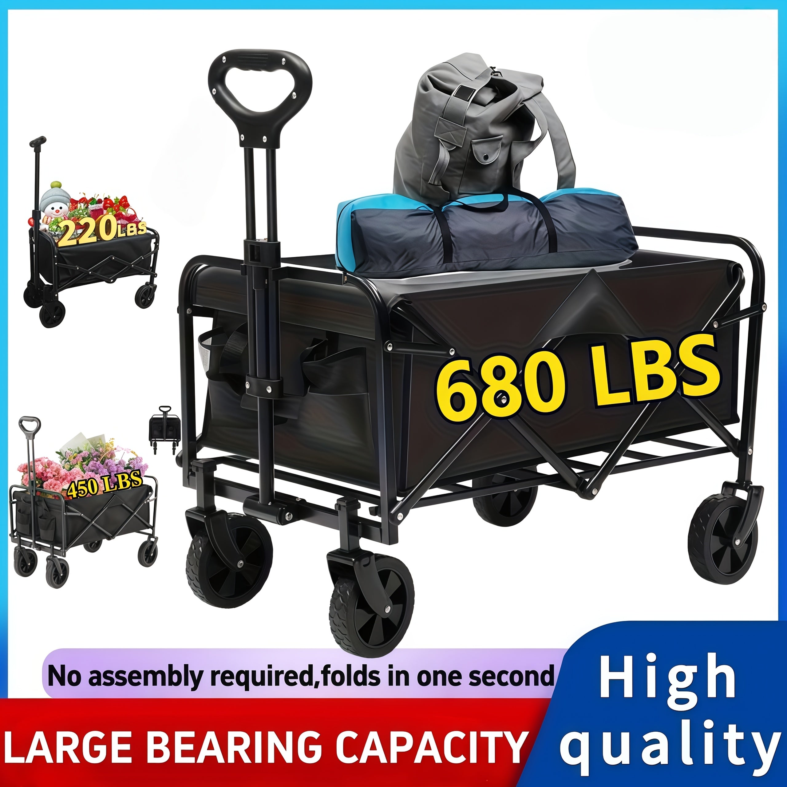 Large Capacity 680/450/220 lb Heavy-Duty Foldable Multi-Purpose Hand Truck, 4 All-Terrain Swivel Casters, Durable Alloy Steel Frame & 600D Oxford Fabric, No Assembly Required, Adjustable Height Cart, Suitable for Camping, Gar