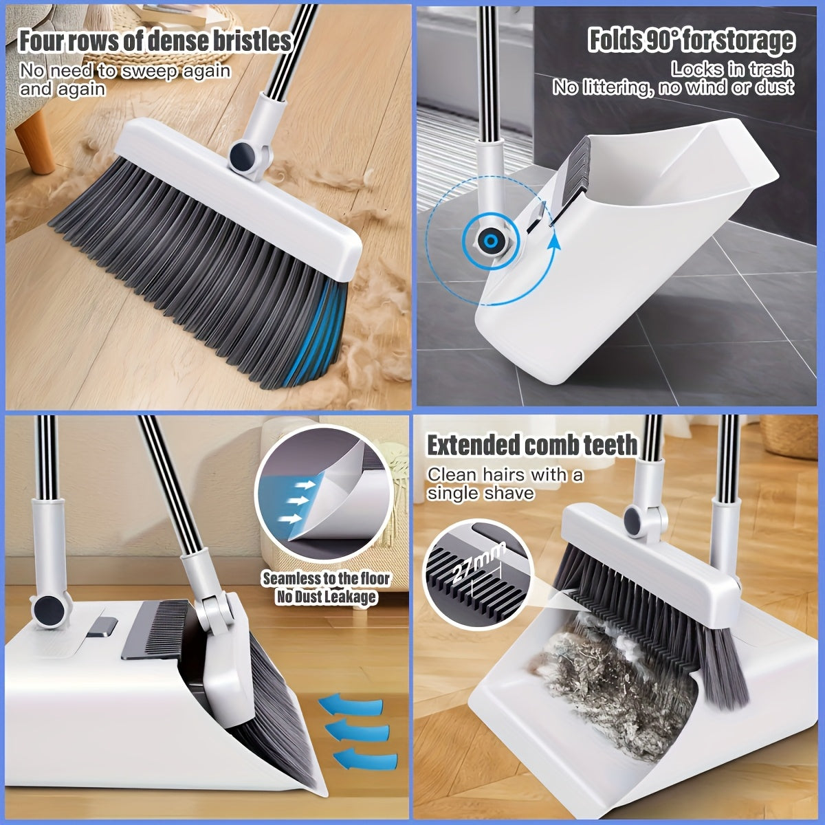 3-In-1 Household Broom with Dustpan Floor, Brush Set | 2-In-1 Cleaning Set with Long Handle, with Garbage Bags, Efficient Sweeping, Scrubbing with Comb Tooth Dustpan, Outdoor And Patio Cleaning, Essential Cleaning Supplies