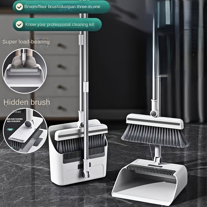 3-In-1 Household Broom with Dustpan Floor, Brush Set | 2-In-1 Cleaning Set with Long Handle, with Garbage Bags, Efficient Sweeping, Scrubbing with Comb Tooth Dustpan, Outdoor And Patio Cleaning, Essential Cleaning Supplies