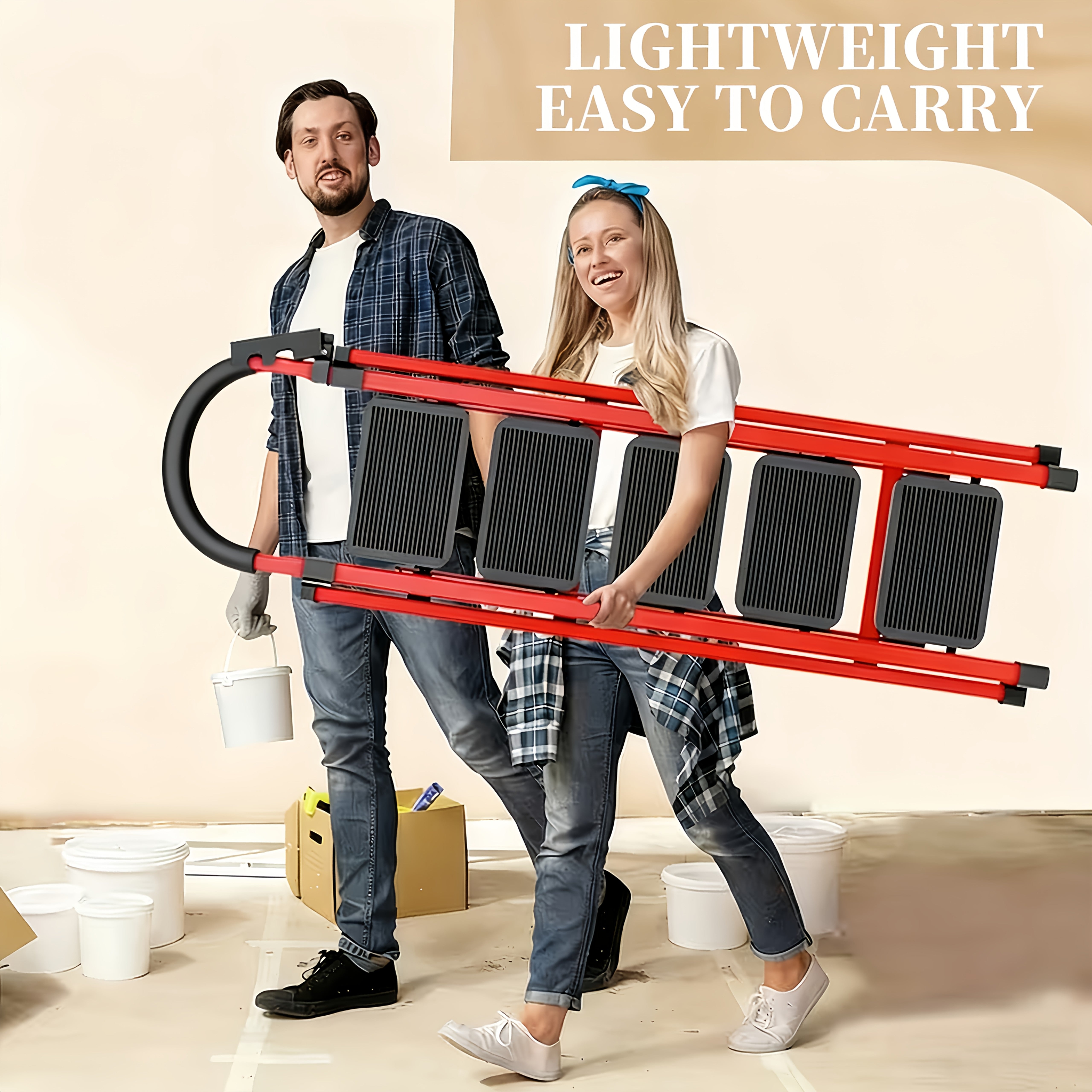 500lbs Load-bearing Folding Ladder | Heavy-duty Steel Step Stool with Anti-slip Wide Treads, Handrails, Safety Lock Design, Black And Red Color Scheme, Portable Multi-functional Ladder for Home And Kitchen Use-XPHYN