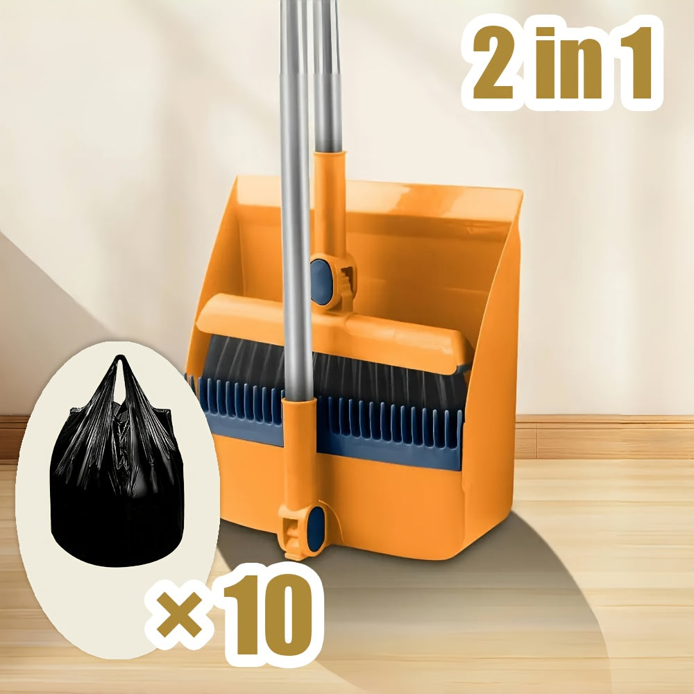 3-In-1 Household Broom with Dustpan Floor, Brush Set | 2-In-1 Cleaning Set with Long Handle, with Garbage Bags, Efficient Sweeping, Scrubbing with Comb Tooth Dustpan, Outdoor And Patio Cleaning, Essential Cleaning Supplies