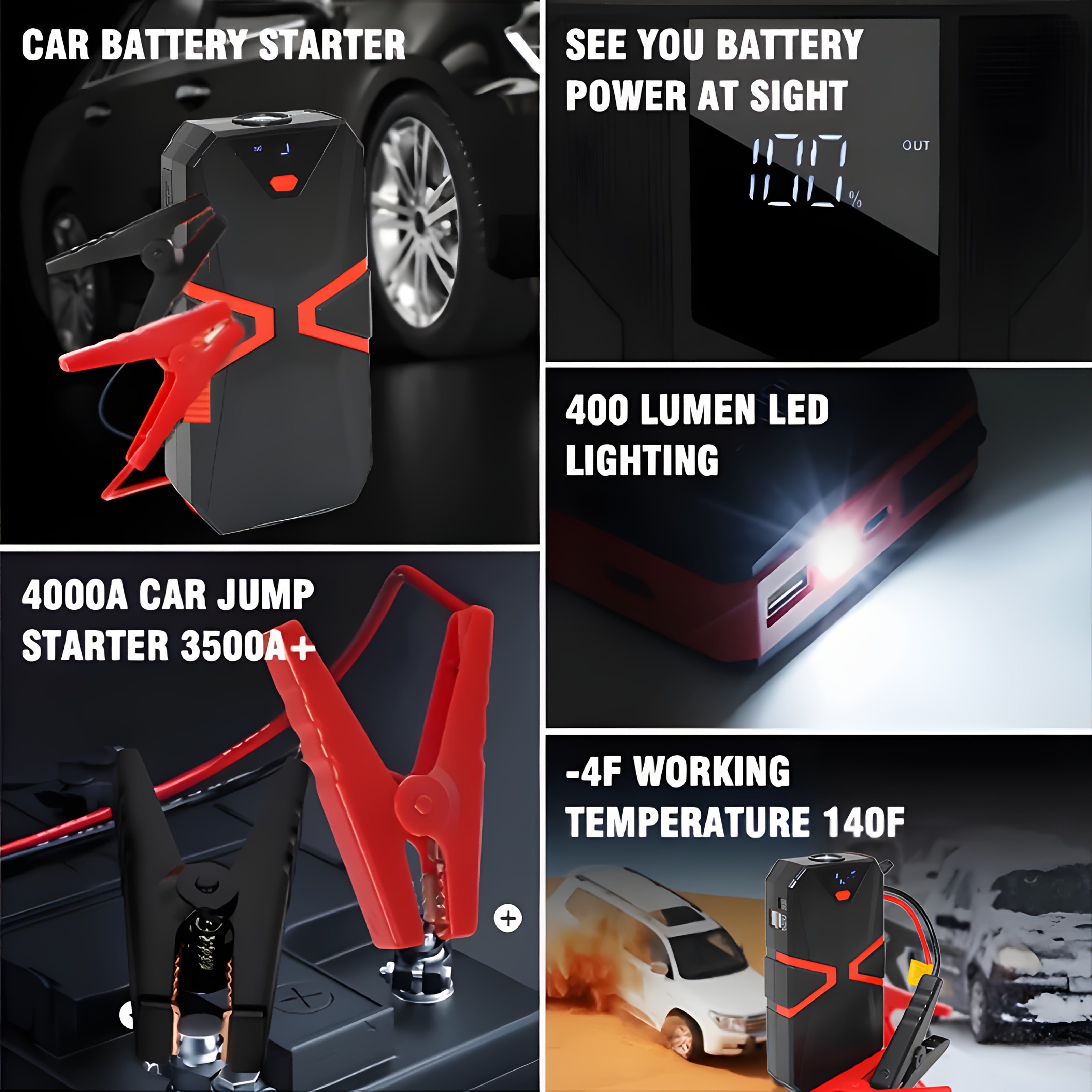5-in-1 Portable Car Battery Jump Starter | 12V Fast Start, USB I/O, LED Emergency Light, Digital Display, Rechargeable Lithium Battery, 3000A Output, Roadside Emergency Tools, Compact Design