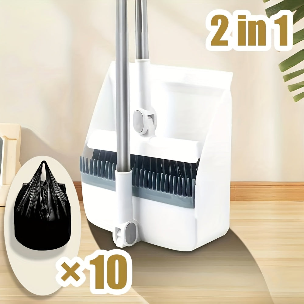 3-In-1 Household Broom with Dustpan Floor, Brush Set | 2-In-1 Cleaning Set with Long Handle, with Garbage Bags, Efficient Sweeping, Scrubbing with Comb Tooth Dustpan, Outdoor And Patio Cleaning, Essential Cleaning Supplies