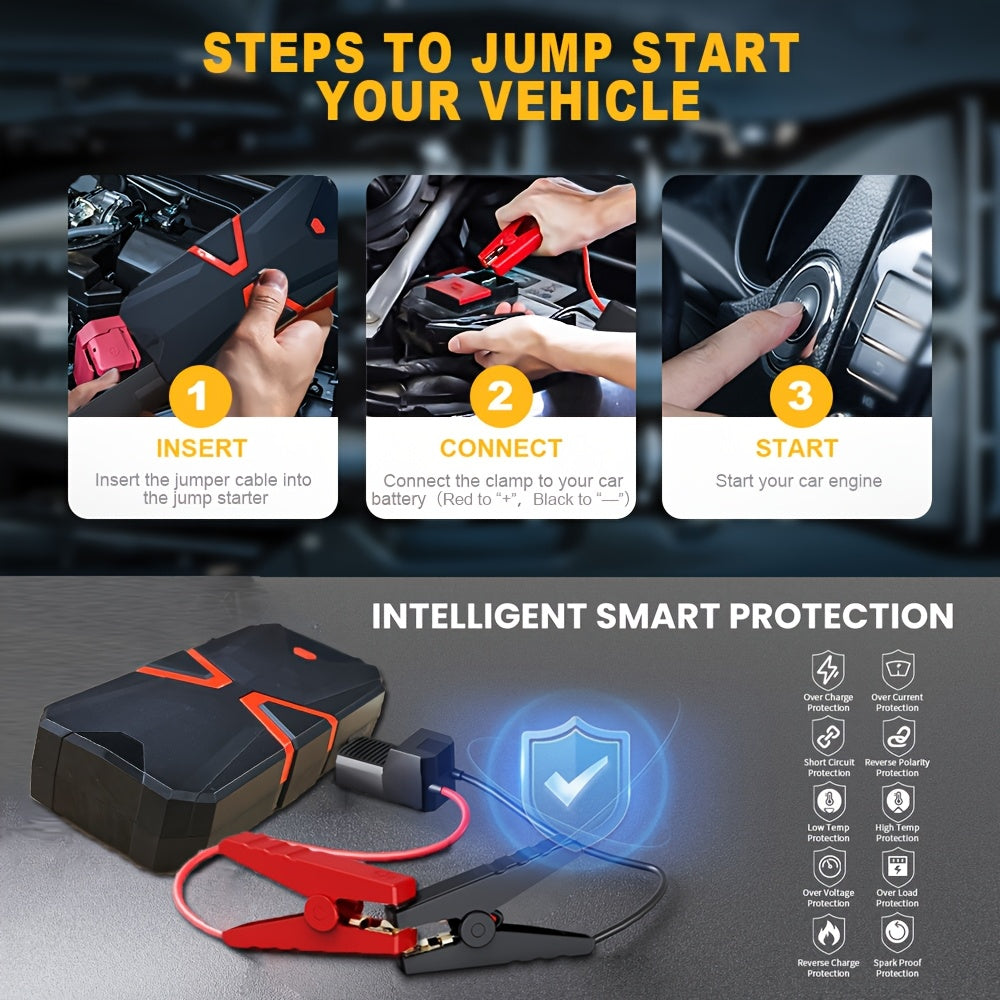 5-in-1 Portable Car Battery Jump Starter | 12V Fast Start, USB I/O, LED Emergency Light, Digital Display, Rechargeable Lithium Battery, 3000A Output, Roadside Emergency Tools, Compact Design