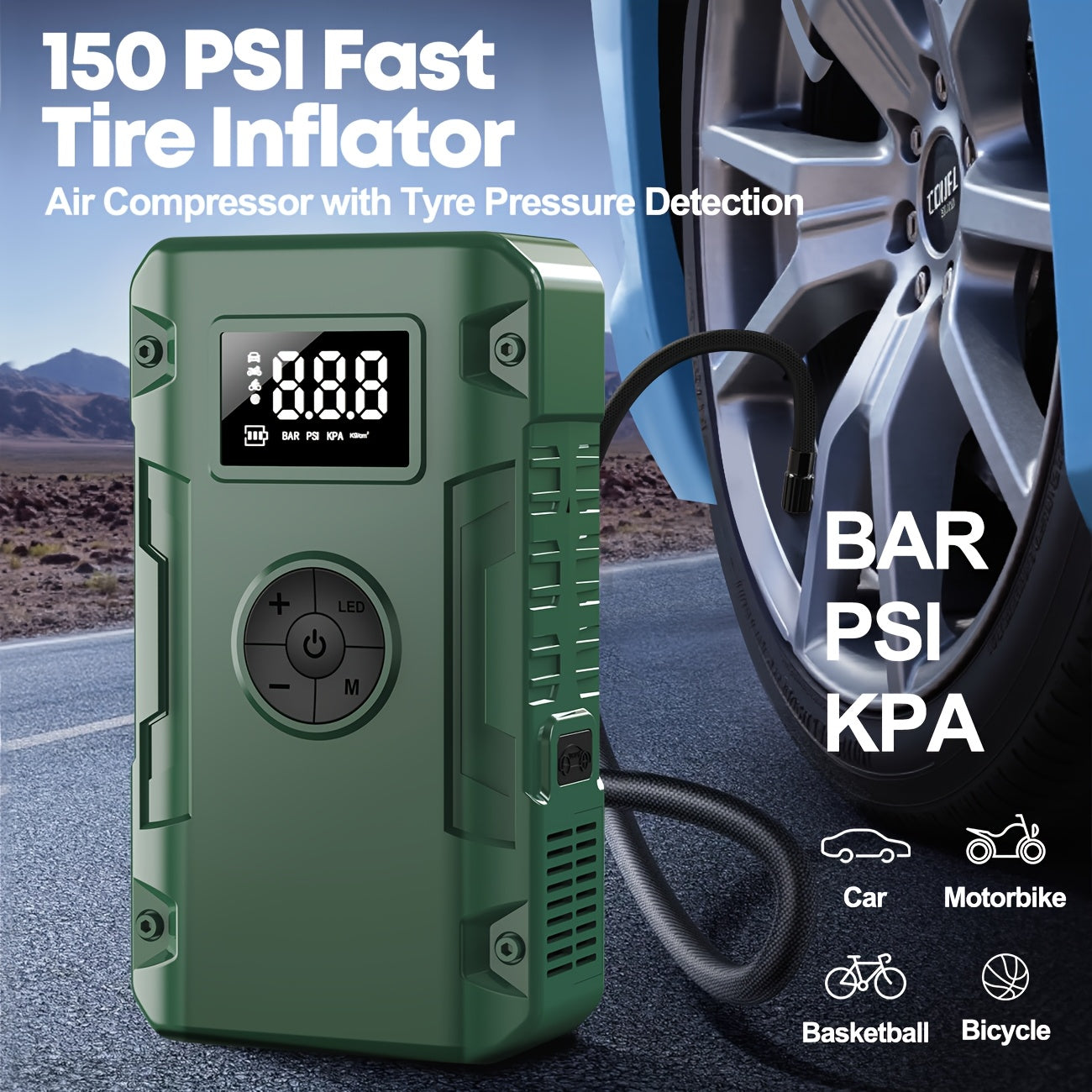 Jump Starter with Air Compressor: 10000A 7-in-1 Emergency Jump Starter, 150 PSI Tire Inflator, Portable Battery Charger, LED Light