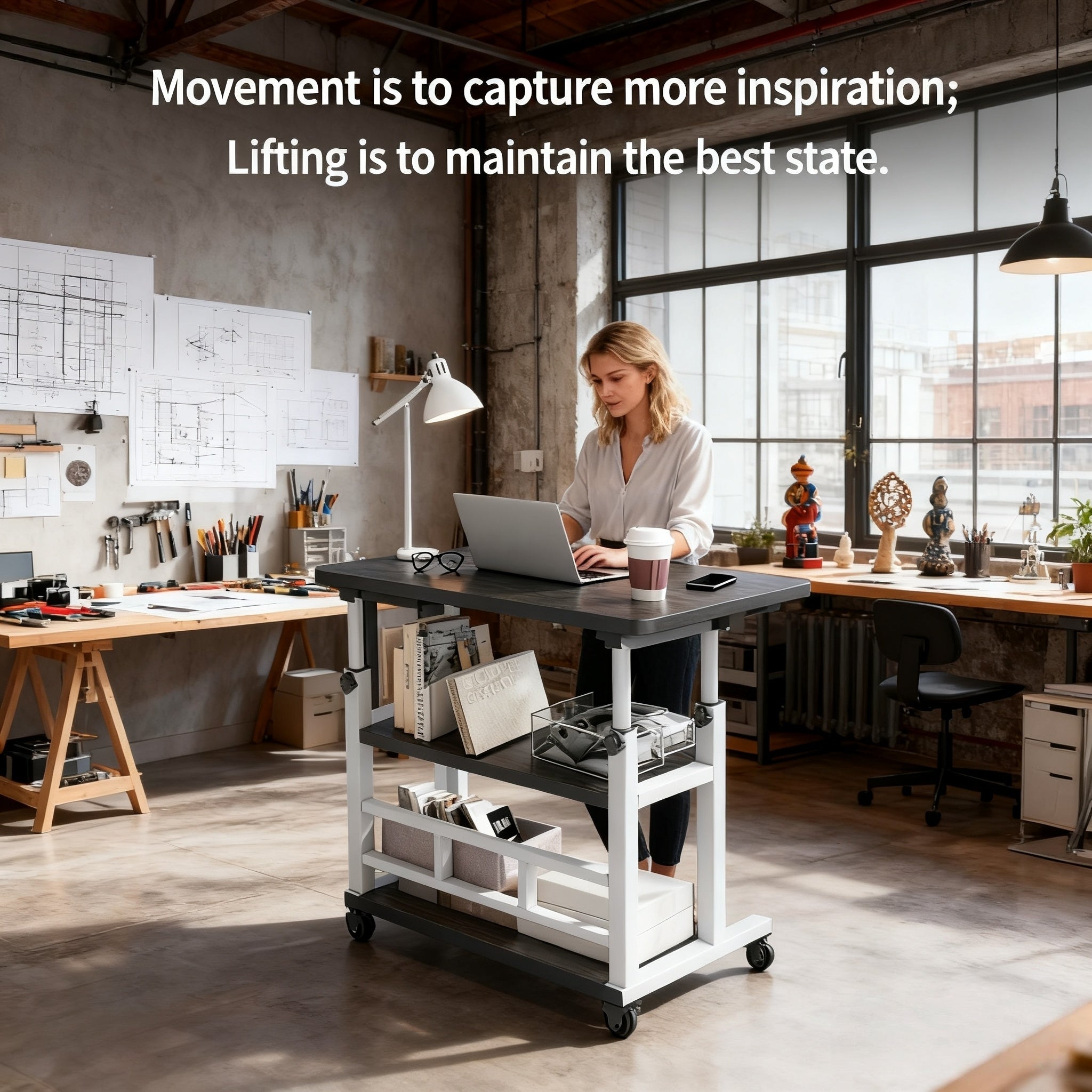Multifunctional Standing Desk, Height Adjustable 23.62-35.43 Inches, Ergonomic Mobile Computer Desk with Casters, Stable and Comfortable, Sturdy and Durable, Easy to Assemble, Spacious Study Desk Suitable for Home Office and